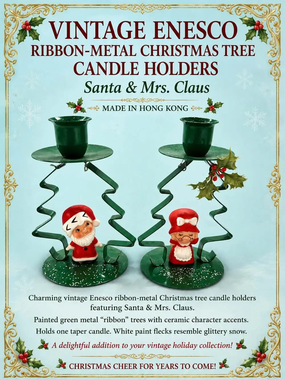 Vintage Enesco Ribbon-Metal Christmas Tree Candle Holders Santa & Mrs. Claus Pai